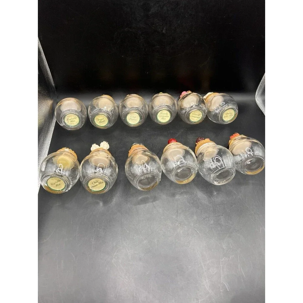 12 Collectible Vintage Shonfeld's Glass Spice Jars with Resin Cork Lids & Stand